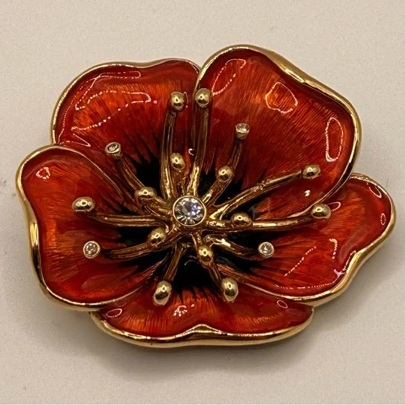 Vintage Monet Poppy Brooch β’ Red-Orange Enamel + Rhinestones β’ 2β β’ Signed - Picture 2 of 16